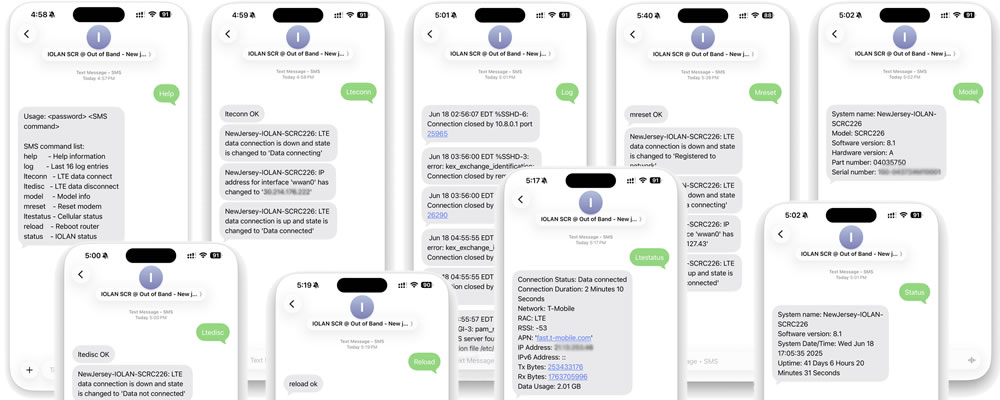Varias capturas de pantalla de mensajes SMS enviados a IOLAN