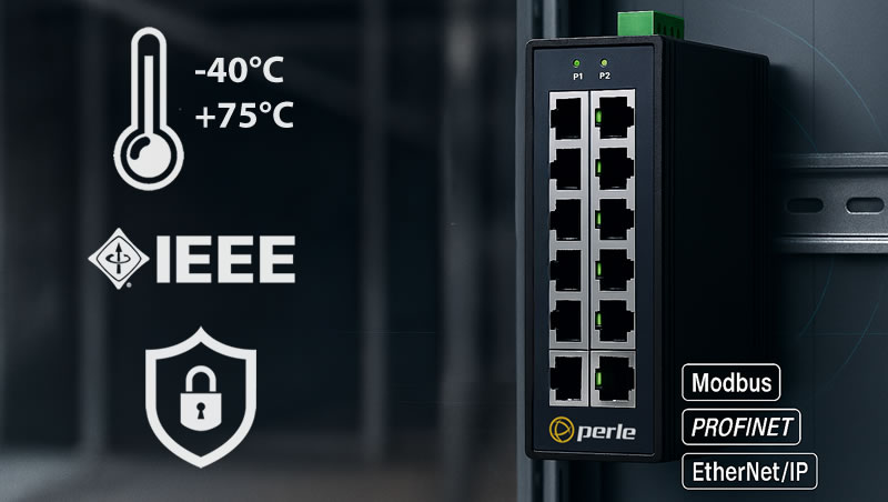 Switch Ethernet industrial en un riel DIN en una caja de control