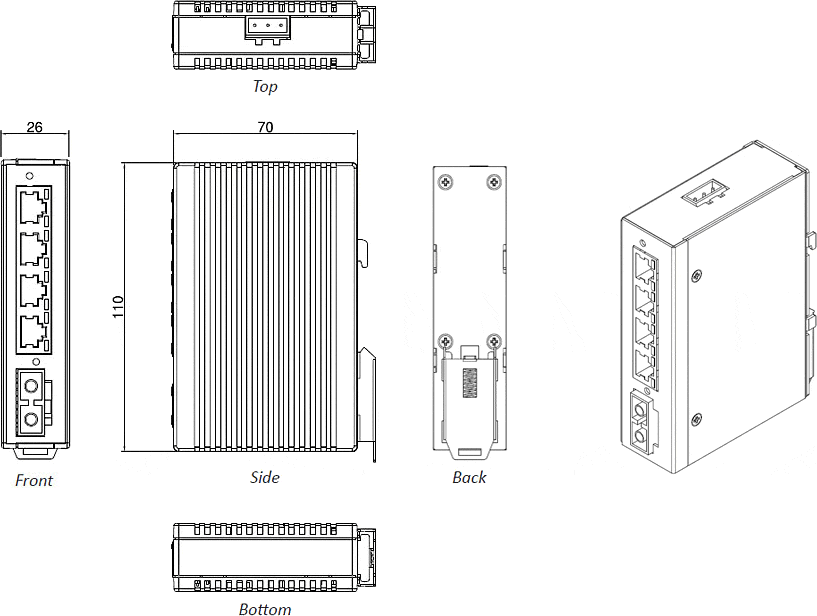 Mechanical Drawings de los Switches Ethernet industriales IDS-104FE