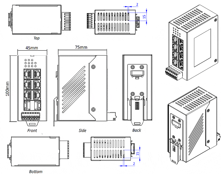Mechanical Drawings de los Switches ethernet industriales IDS-106FE
