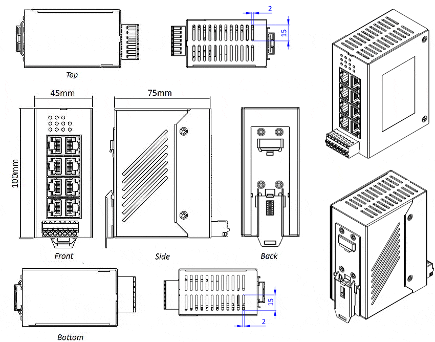 Mechanical Drawings de los Switches Ethernet industriales IDS-108FE