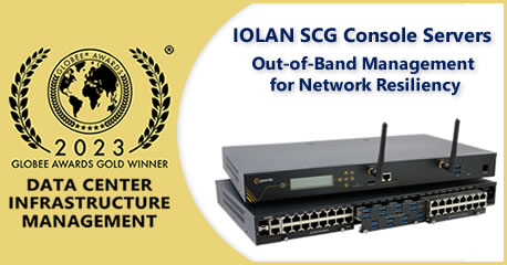 Logotipo del premio Globee® de oro a la administración de infraestructuras de centros de datos con servidores de consola IOLAN SCG que proporcionan administración fuera de banda para la resistencia de la red