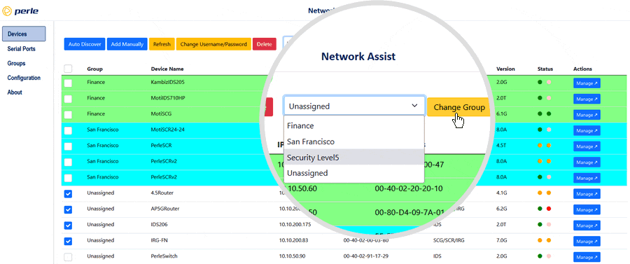 Captura de pantalla de Network Assist en la que se resalta la agrupación de dispositivos