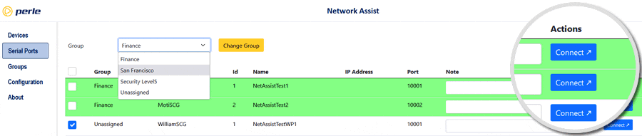 Captura de pantalla de Network Assist en la que se resalta el botón de conexión